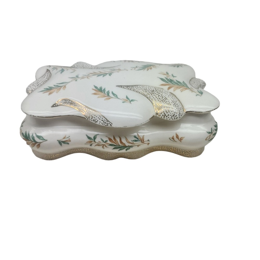 Vintage Ceramic Trinket Box: Ivory with Leaf Design and Gold Accents Signed